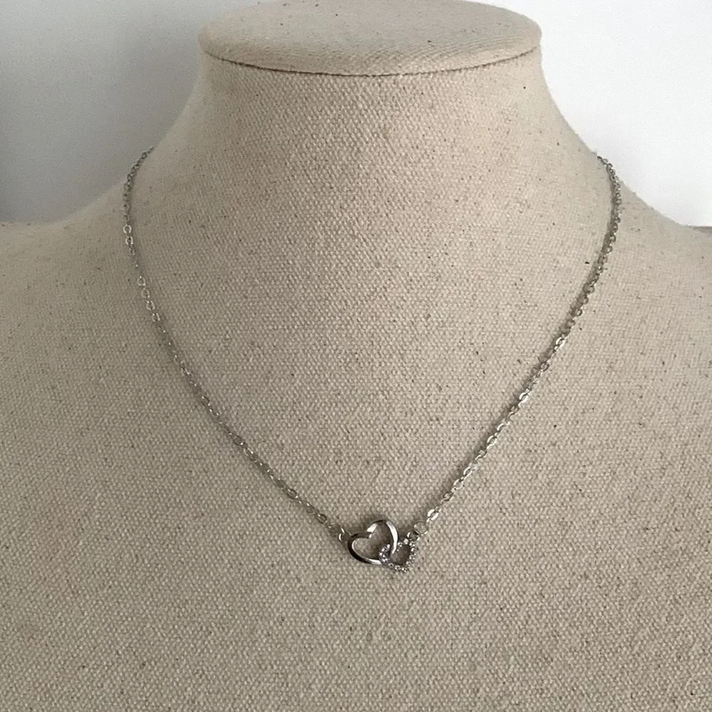 Interlocking Double Hearts Silver Tone Necklace with Rhinestones